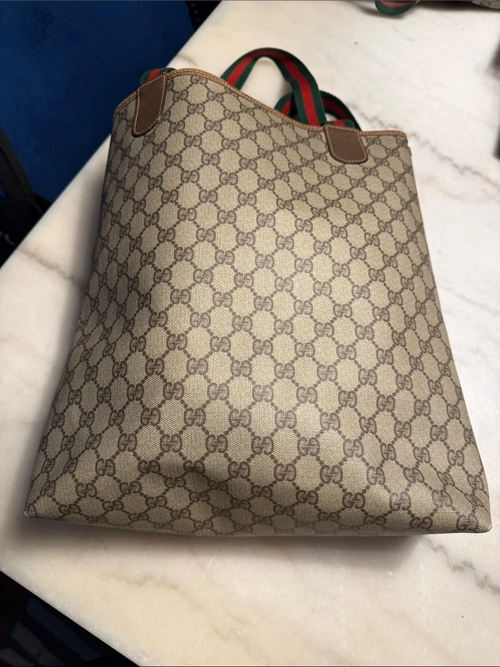 PRE-OWNED Gucci Beige Brown GG Supreme Messenger Tote with Green-Red Web Straps